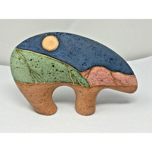 Vtg Native American Guardian Bear Hand Painted Pottery Southwestern Gold Inlay